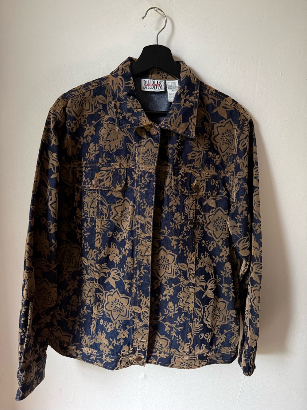 Vintage 90s Bill Blass Flocked Floral Blue Denim Jacket M
